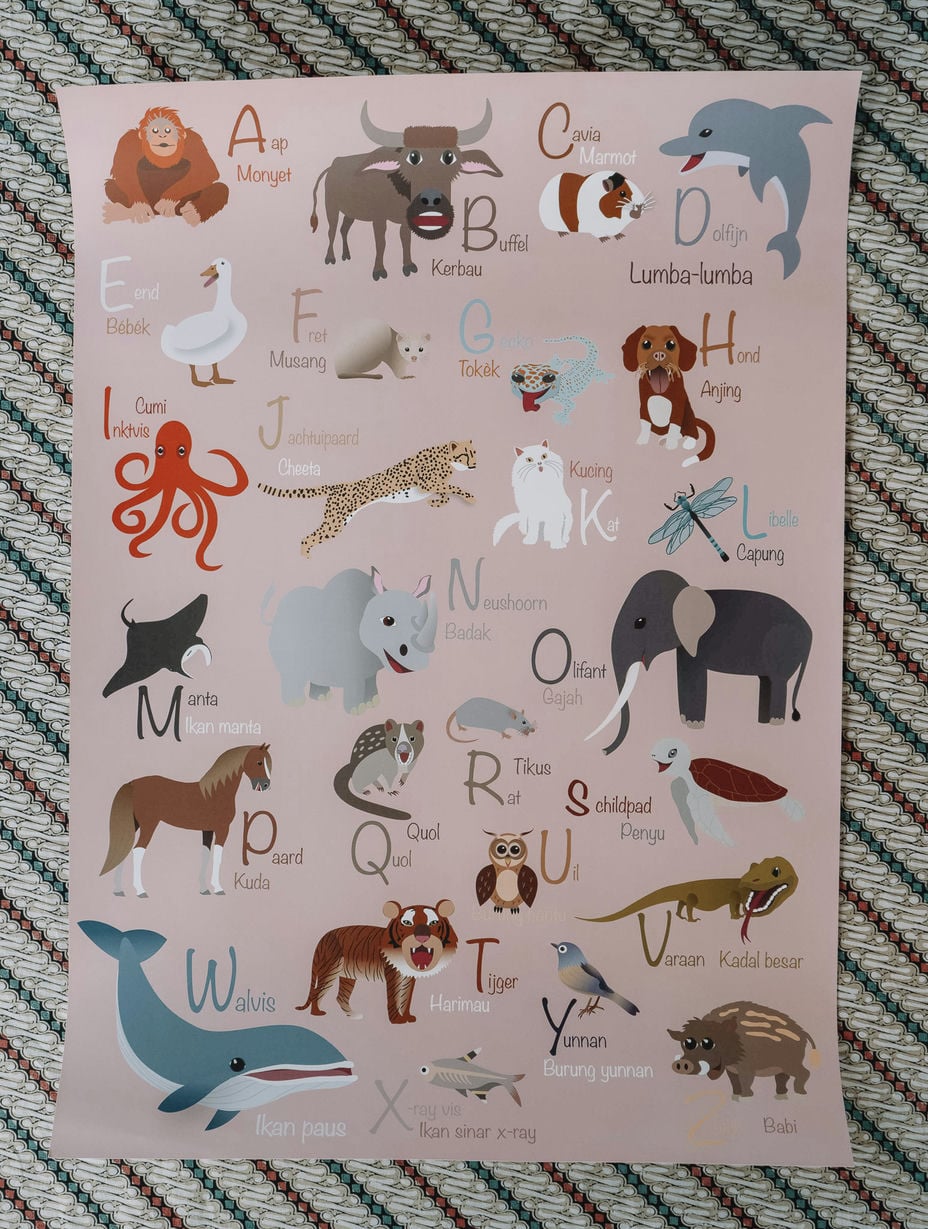 Leuke poster voor op de kinderkamer met alle dieren. Bij elk dier staat zowel de Nederlandse als Indonesische naam. Leer op een spelende wijze Indonesische woordjes. 