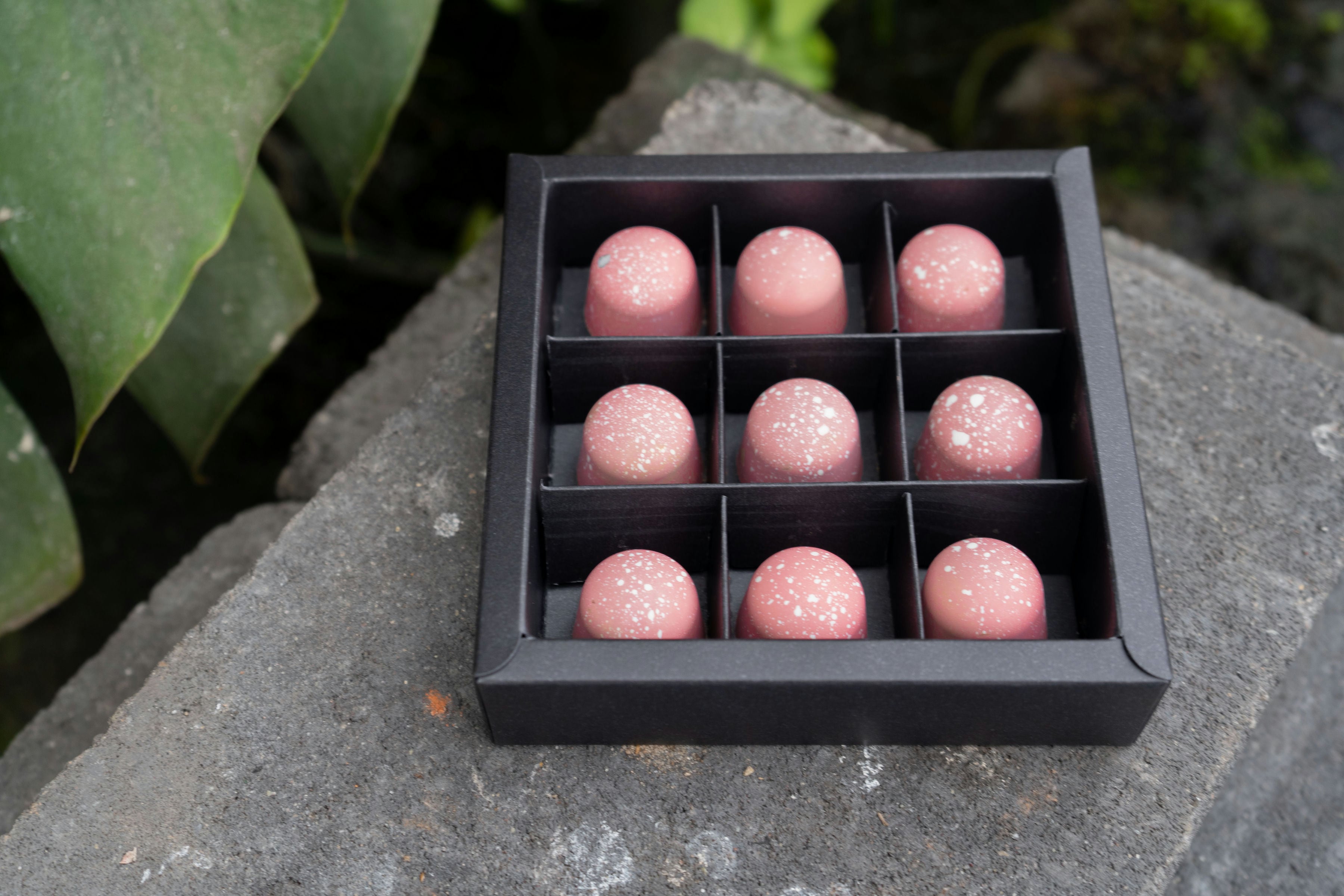 Mooie roze bonbons met een ganache van rozensiroop-kokosmelk. Proeft net als bij oma! Deze bonbons worden stuk voor stuk met de hand vervaardigd. Verpakt in doosje met 9 bonbons.